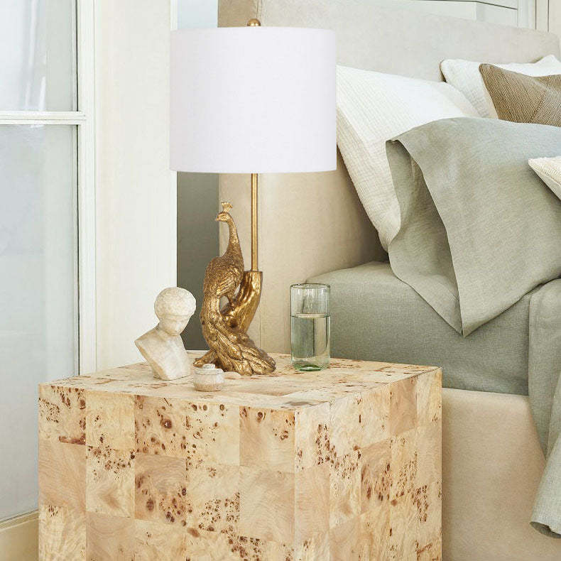 Vintage Cylindrical Peacock Resin Gold Fabric Lamp