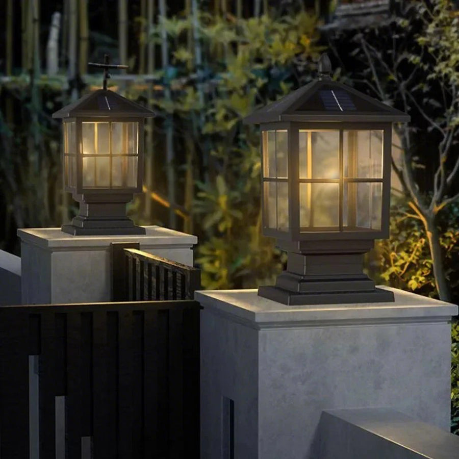 Industrial cap square black outdoor post lights, Lighom — Solar / Set of 2