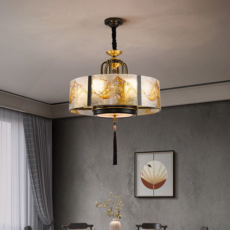 Chinese Enamel Glass Cylinder Brass Chandelier