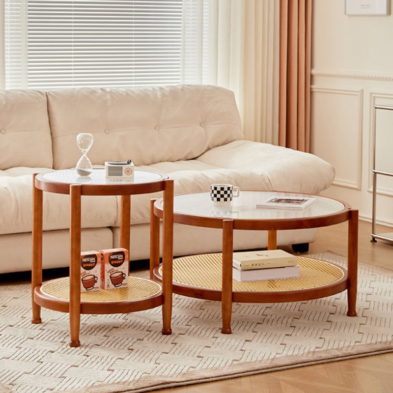 Minimalist Solid Wood Glass Rattan Coffee Table — Walnut