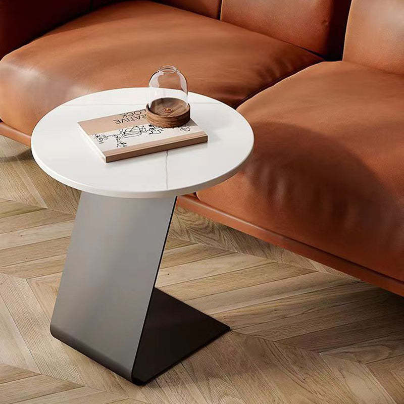 Scandinavian Round Rock Slab Iron Coffee Table — Snow White