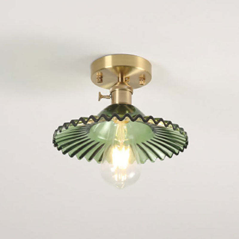 Japanese Vintage Brass Lotus Glass Semi-Flush Ceiling Light