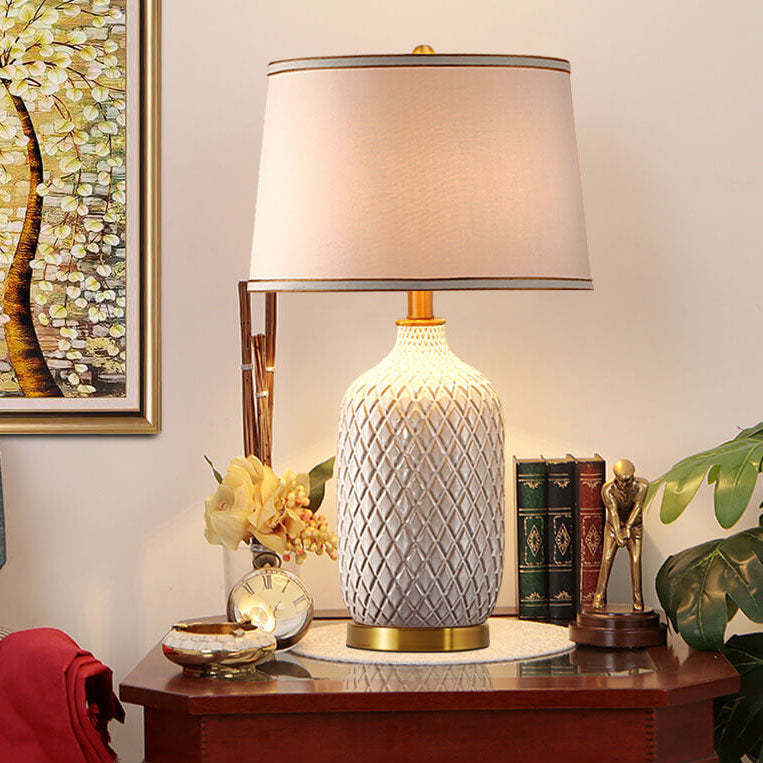 European Vintage Striped Ceramic Fabric Lamp — Push Button Switch / 110V-120V For US/CA
