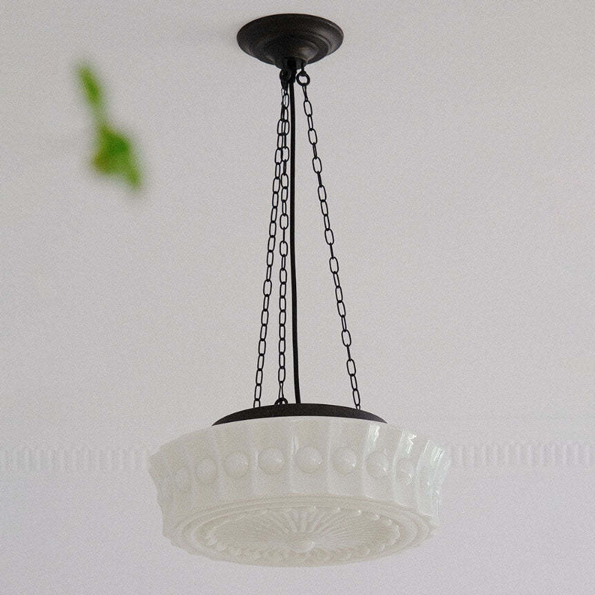 French Vintage White Jade Glass Drum LED Semi-Flush Light
