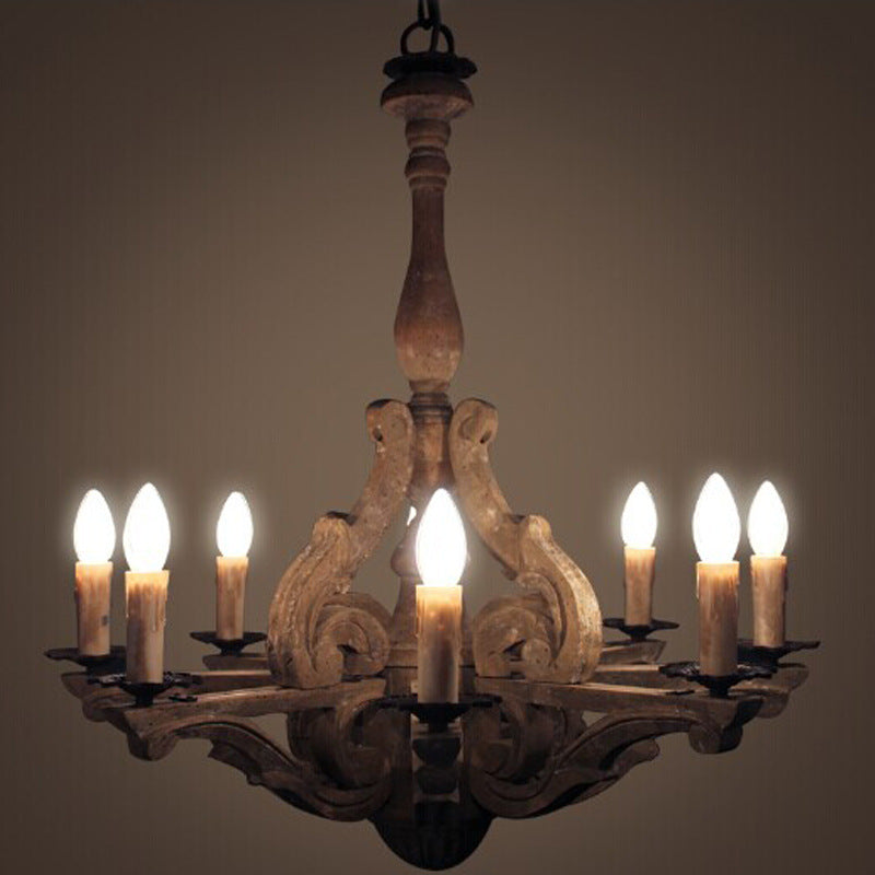 European Rustic Solid Wood 8-Light Chandelier