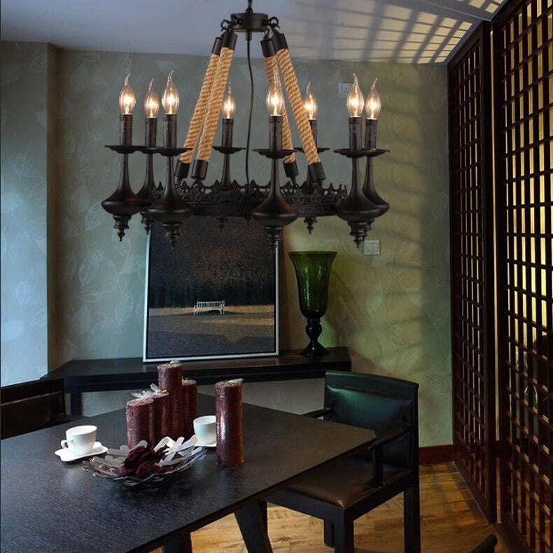 Vintage Candelabra Iron Hemp Rope Chandelier