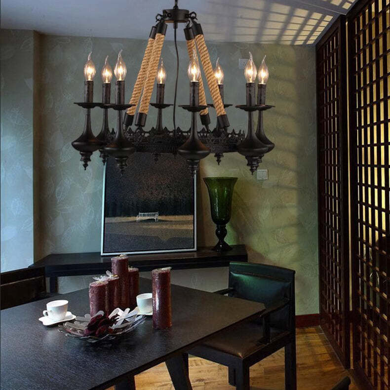 Vintage Candelabra Iron Hemp Rope Chandelier