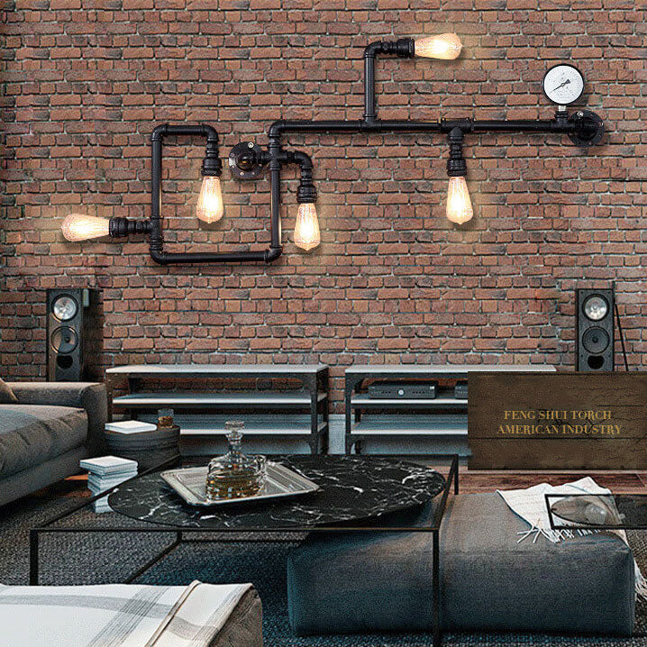 Industrial pipe 5-light black wall sconces, Lighom — 220V-240V (UK/AU)