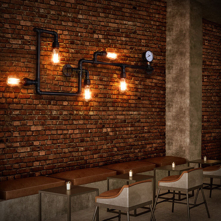 Industrial 5-light pipe black metal wall sconces — 110V-120V (US/CA)