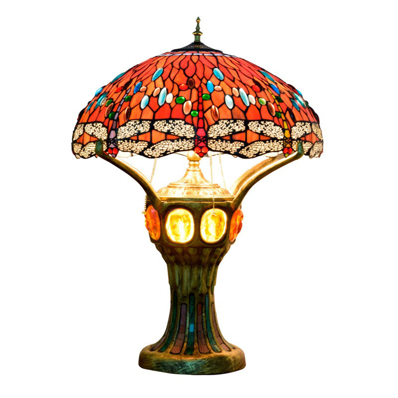 Tiffany Red Glass Dragonfly 4-Light Table Lamp — 220V-240V For UK/AU