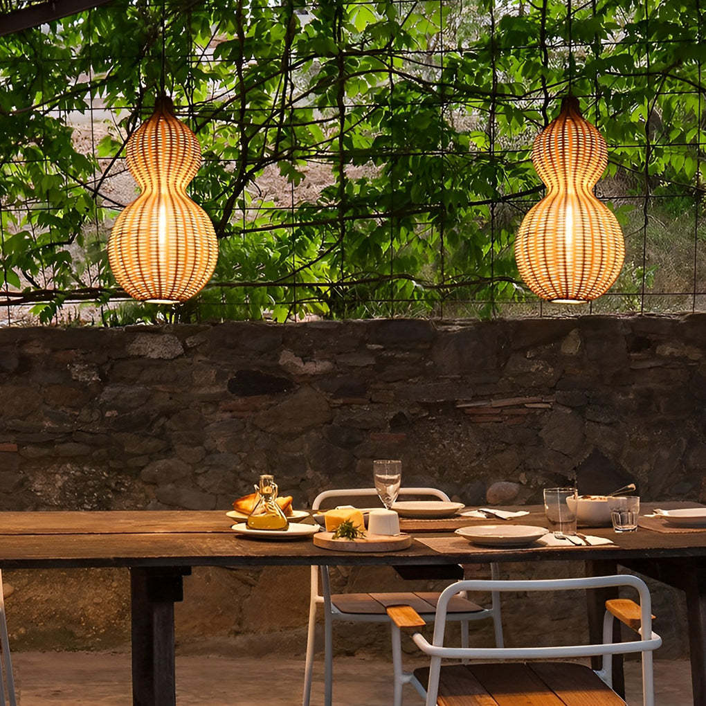 Woven Rattan Gourd Hanging Lamp Outdoor Pendant Light for Patio-Lighom