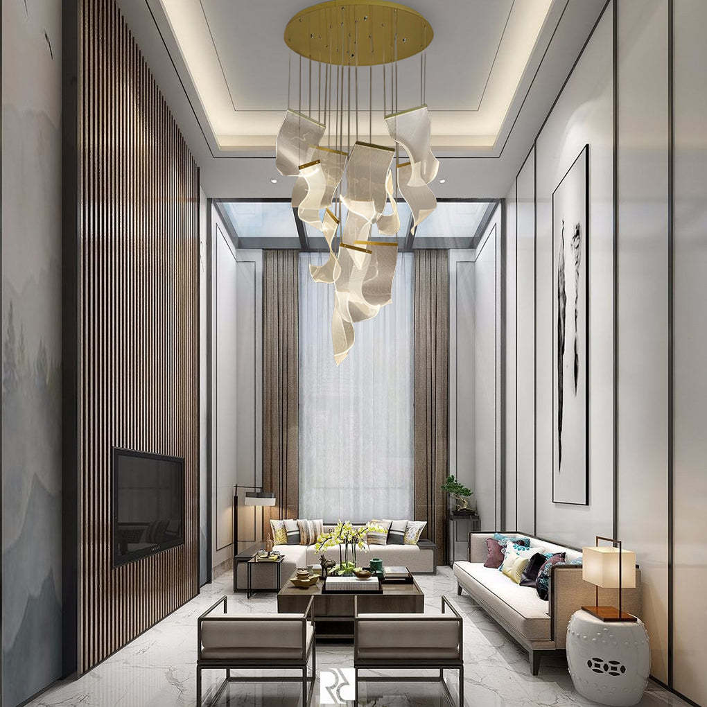 Modern curled irregular gold chandeliers, Lighom — 31" L x 4" W / Dimmable with Remote / 6-Light