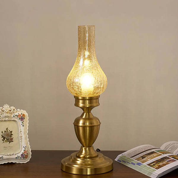Vintage Brass Wood Glass Kerosene Table Lamp