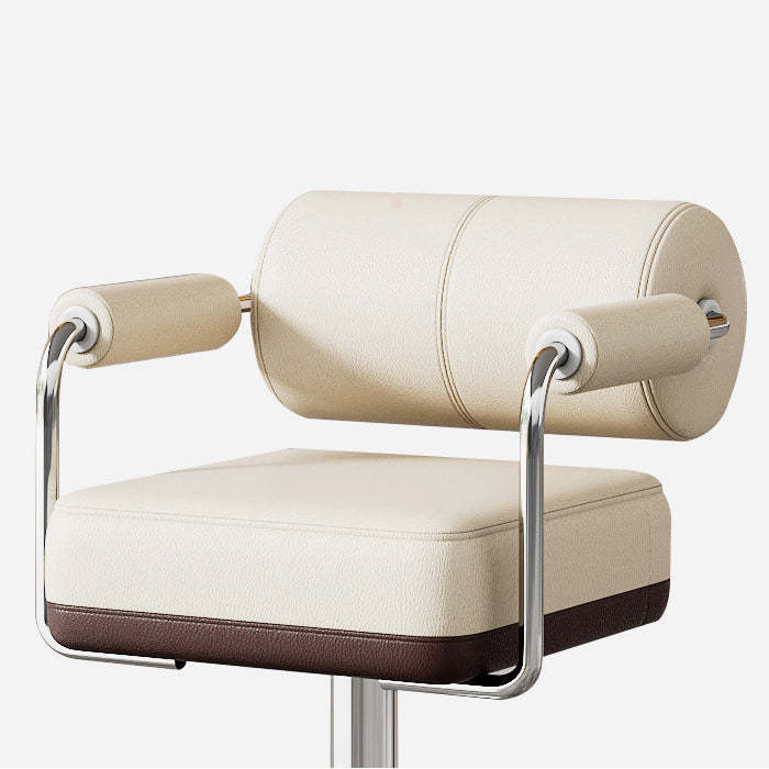 Modern Cylindrical Leather Metal Bar Stool — Gray + Gold Frame