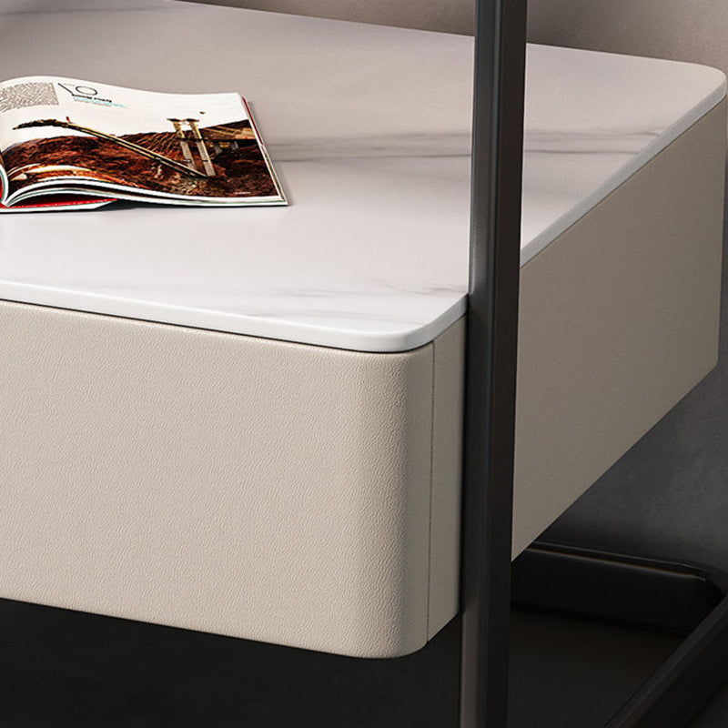 Minimalist Lock Tempered Glass Iron Nightstand — Champagne Color - Drawer With Lock