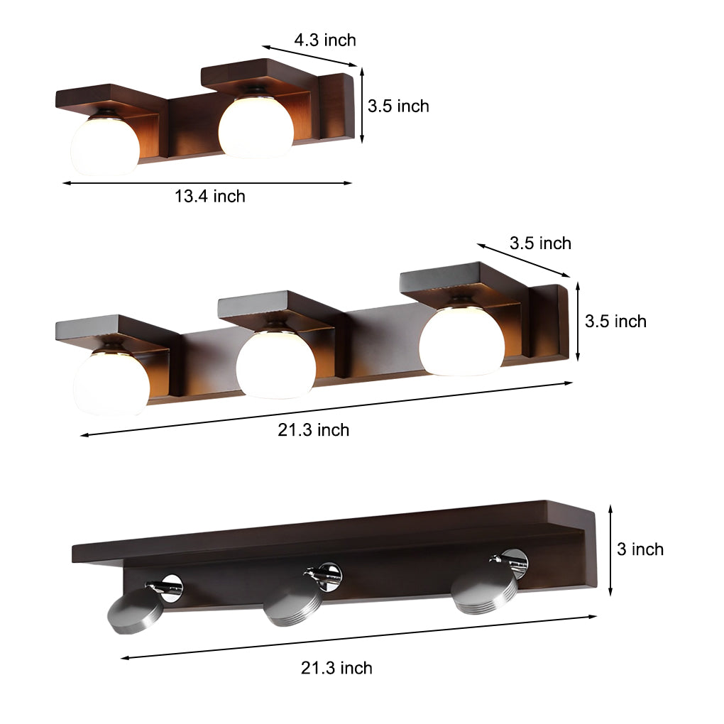 2/3-Light Wood Bathroom Vanity Light with Adjustable Iron Spotlight and Fixed Glass Shades-Lighom