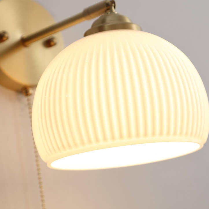 Nordic Striped Milk White Glass Brass Pull Cord Wall Sconce