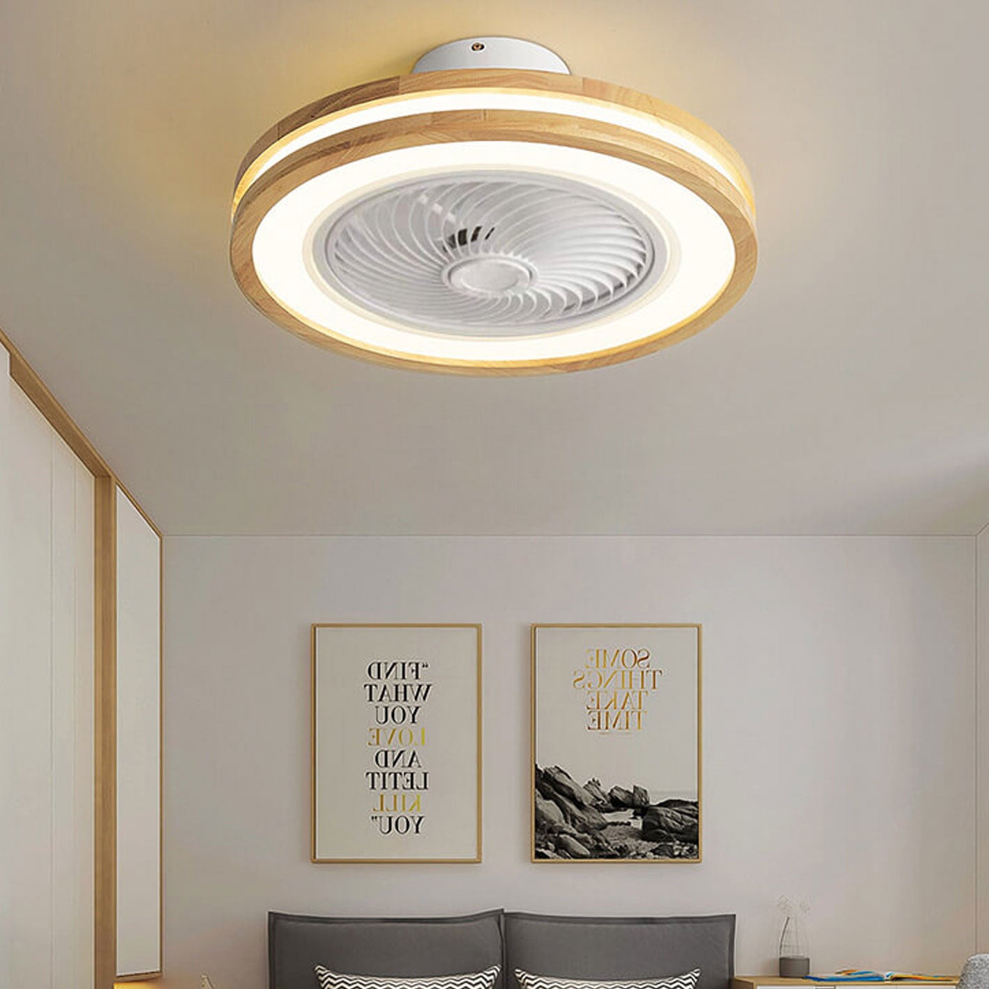 Minimalist Wood Geometric LED Flush Mount Fan Light