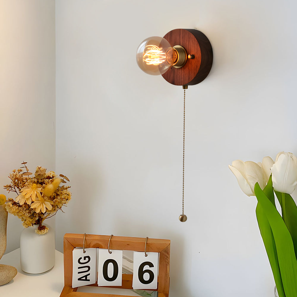 Round Square Vintage Walnut Wood 1-Light Pull Chain Sconce