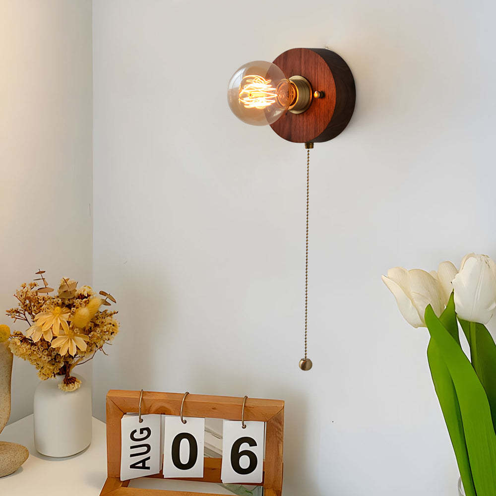 Round/Square Vintage Walnut Wood Wall Lamp 1-light with Pull Chain Switch-Lighom