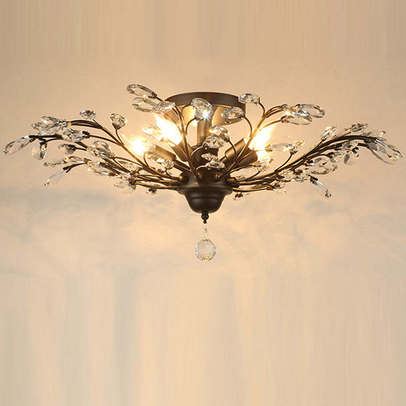 European Branch Iron Crystal Semi-Flush Ceiling Light