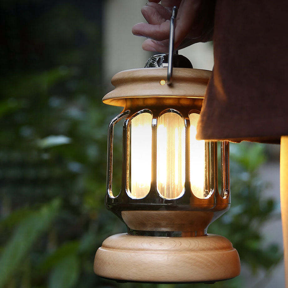 Vintage Teapot Wood Base LED Rechargeable Camping Light