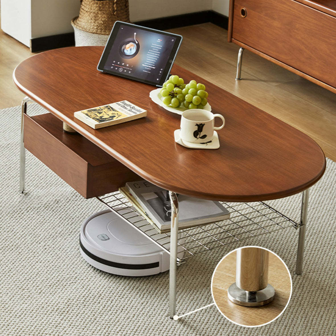 Retro Pine Wood Elliptical Coffee Table 2-Tier