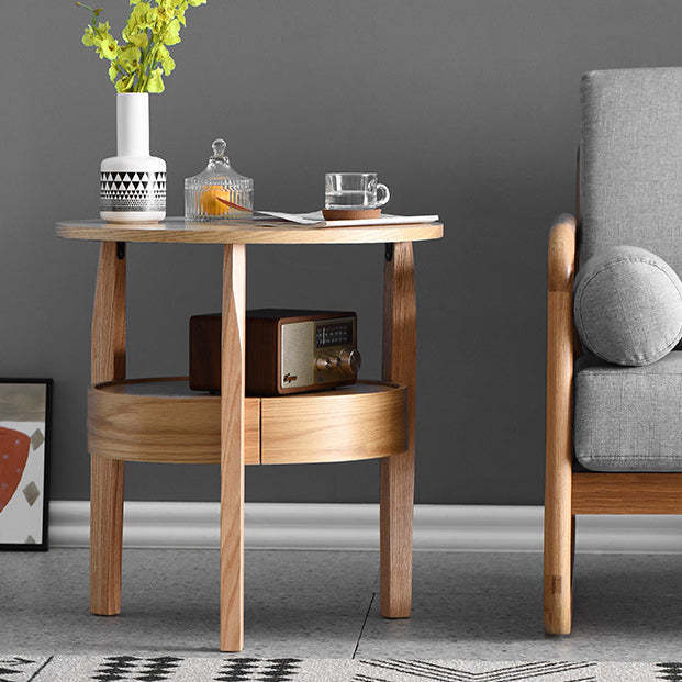 Retro Antique Oak Wood Circular End Table — Log Color