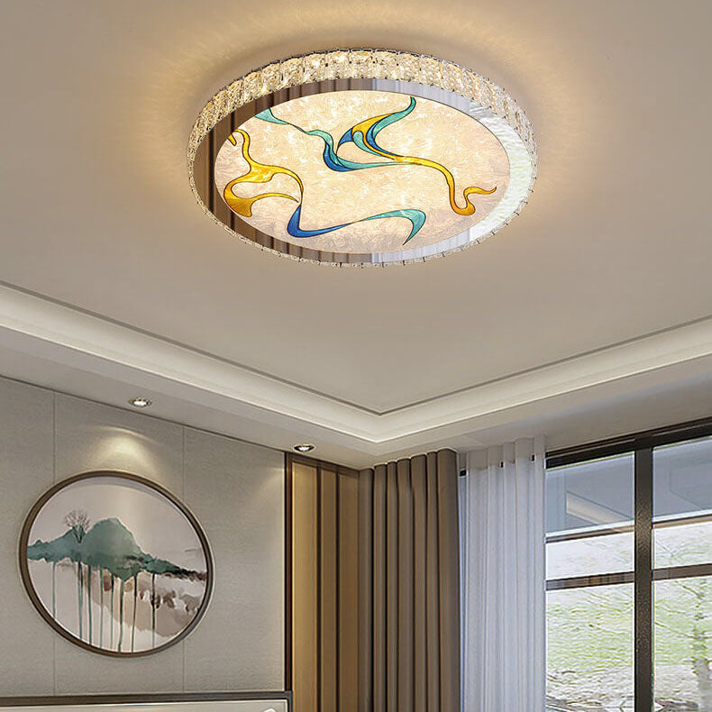 Modern Luxury Enamel Crystal Round LED Flush Mount Light