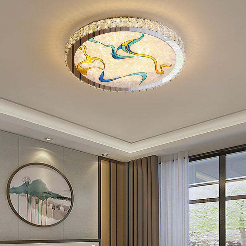 Modern Luxury Enamel Crystal Round LED Flush Mount Light