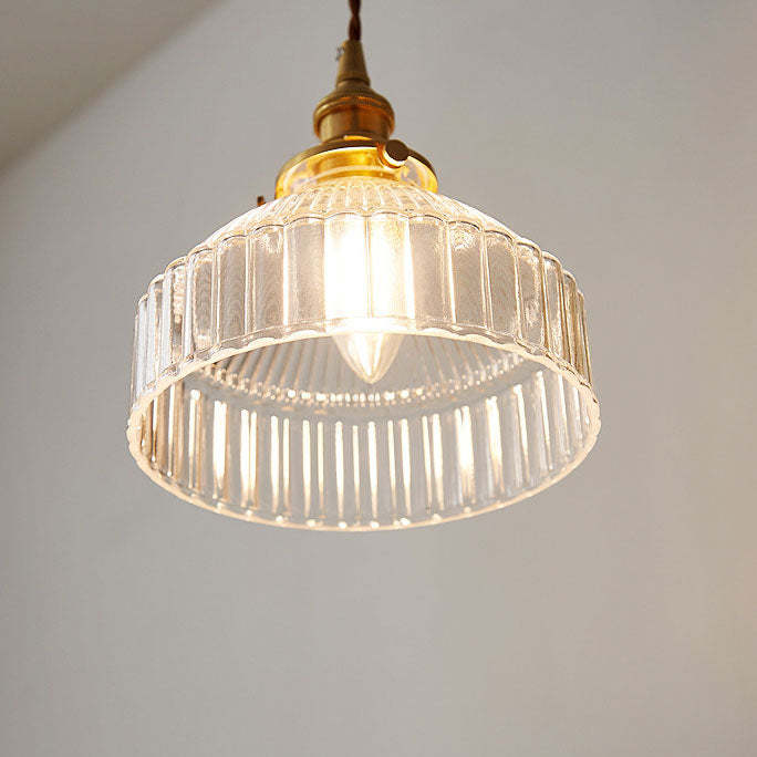 Scandinavian Round Striped Glass Brass Pendant Light
