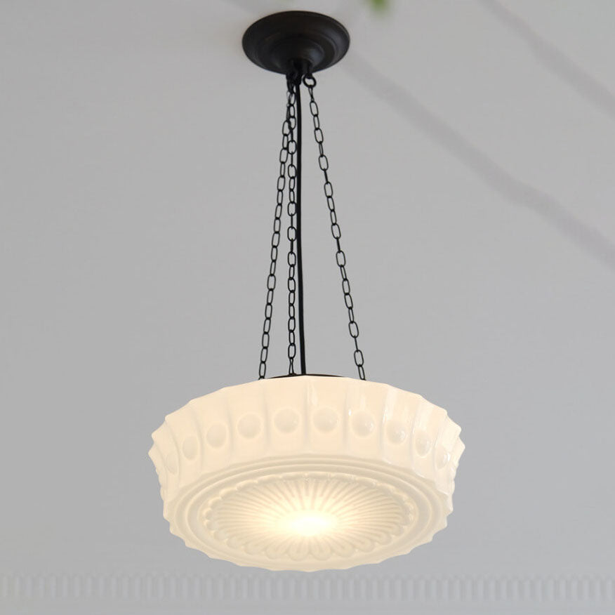 French Vintage White Jade Glass Drum LED Semi-Flush Light