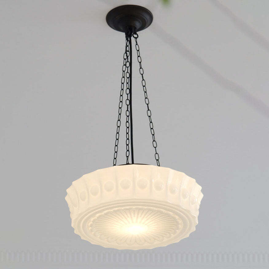 French Vintage White Jade Glass Drum LED Semi-Flush Light