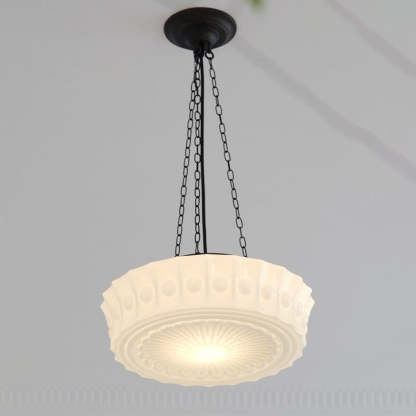 French Vintage White Jade Glass Drum LED Semi-Flush Light