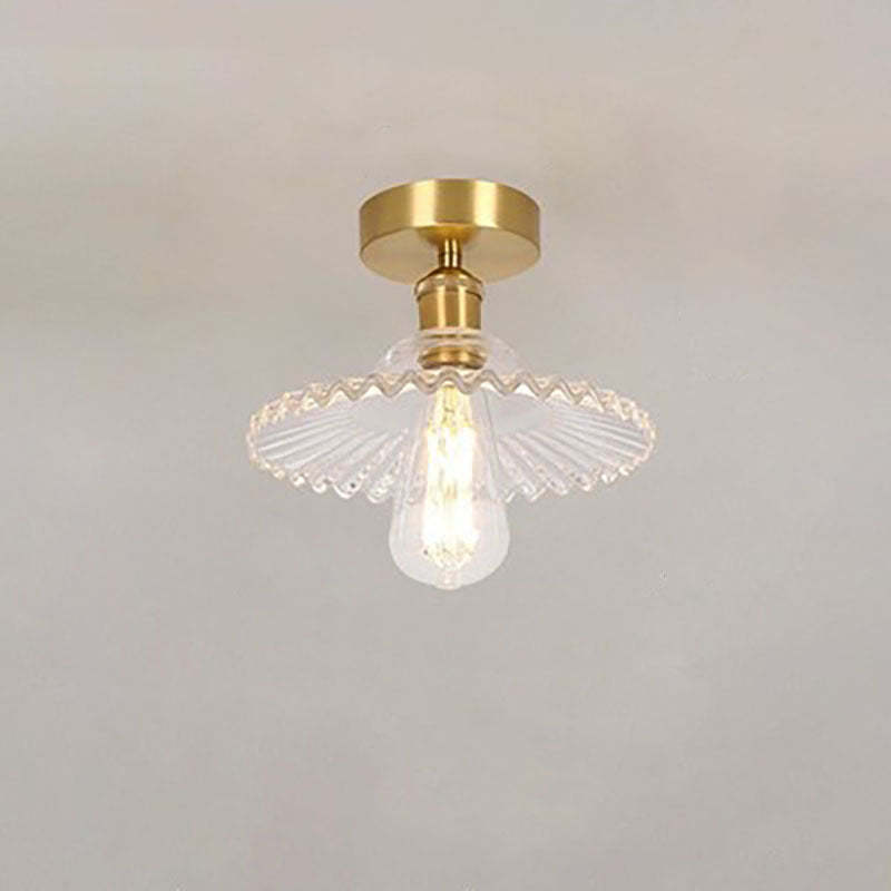 Japanese Vintage Brass Lotus Glass Semi-Flush Ceiling Light