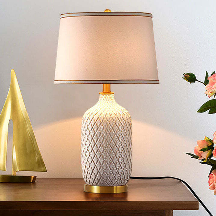 European Vintage Striped Ceramic Fabric Lamp — Push Button Switch / 220V-240V For UK/AU