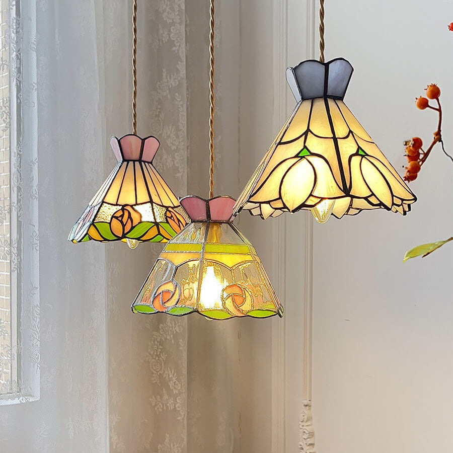 Vintage Tiffany Rose Conical Stained Glass Pendant Light