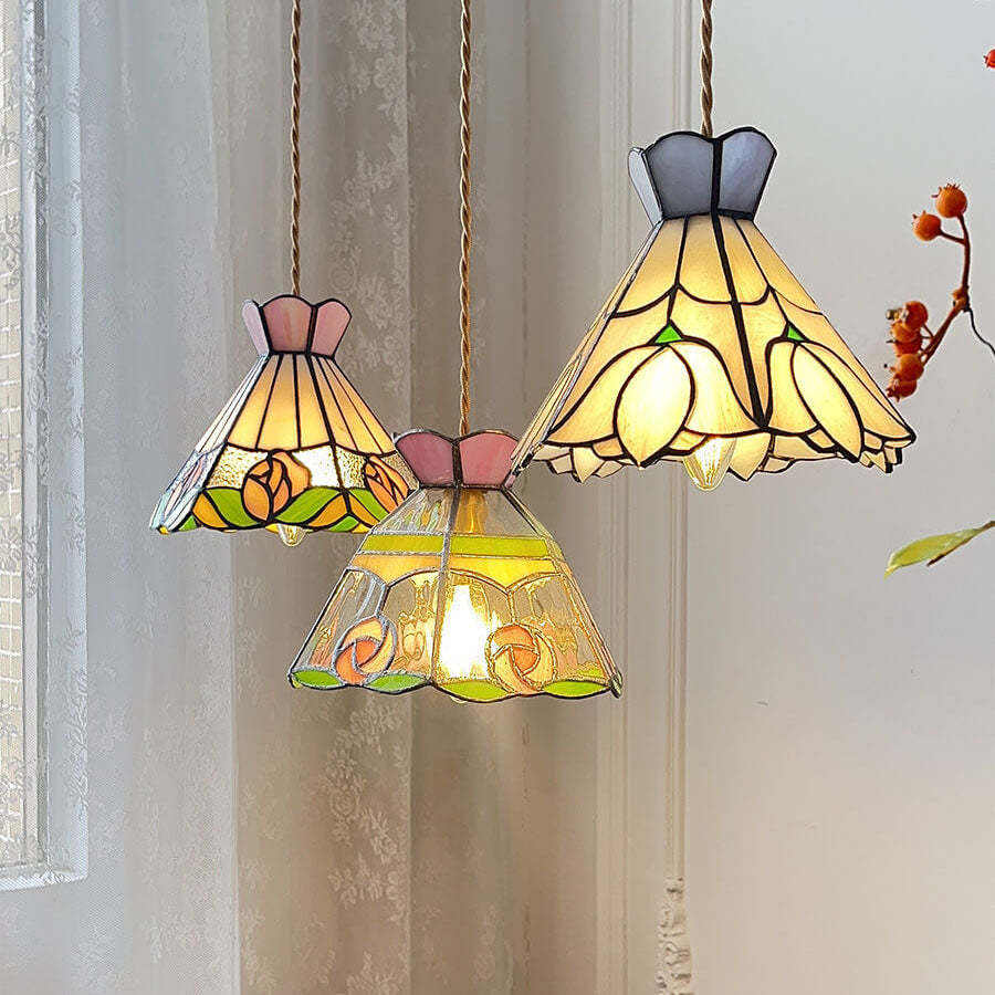 Vintage Tiffany Rose Conical Stained Glass Pendant Light — A / 110V-120V For US/CA