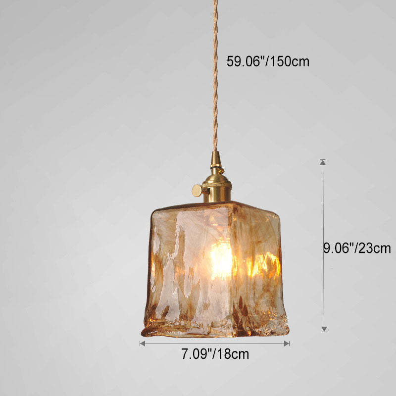 Retro Brass Geometric Amber Glass Pendant Light