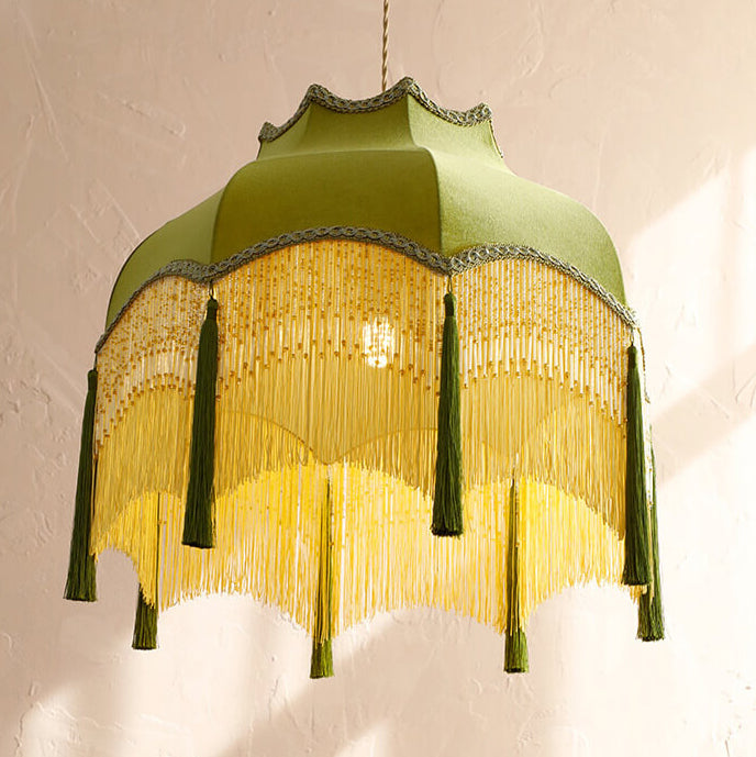 French Vintage Fabric Tassel Brass Pendant Light