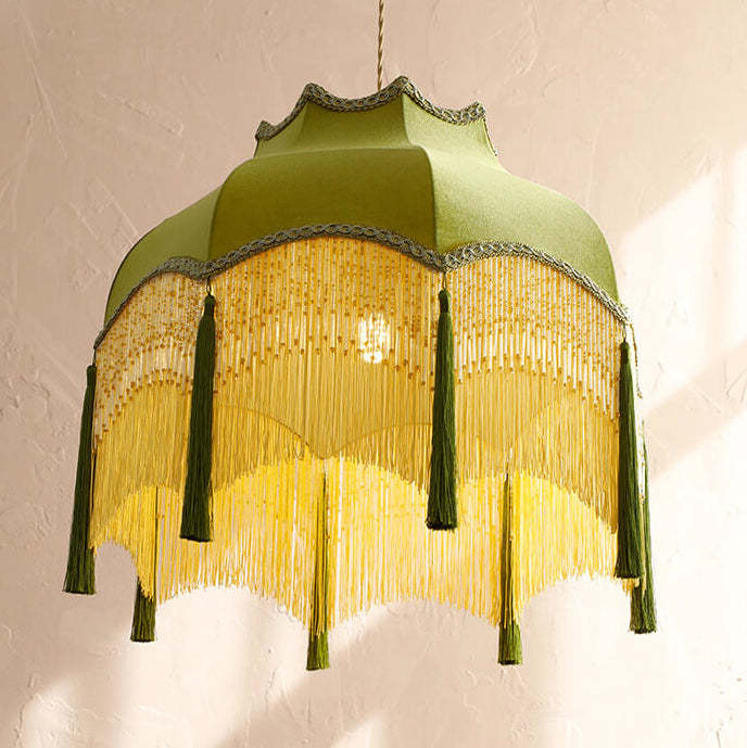 French Vintage Fabric Tassel Brass Pendant Light