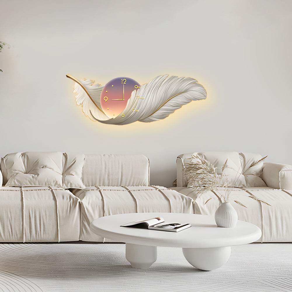 2-In-1 Wall Feather Painting Hanging Decor LED Wall Lamp Wall Clock-Lighom