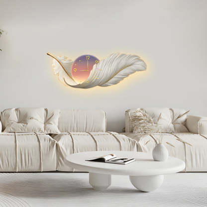 2-In-1 Wall Feather Painting Hanging Decor LED Wall Lamp Wall Clock-Lighom