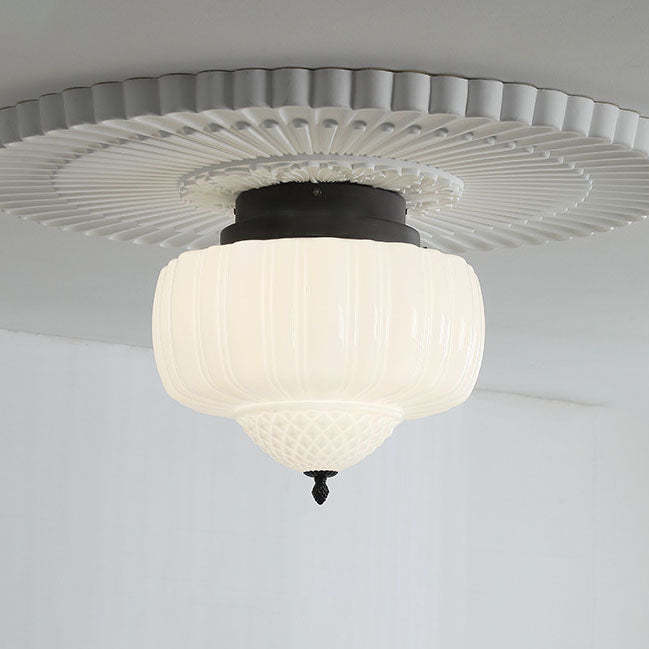 Art Deco Iron Pumpkin Glass 3-Light Flush Ceiling Light