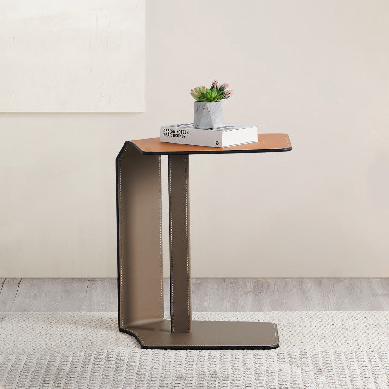 Modern Saddle Leather Steel Side Table — Gray Table Top + Orange Frame