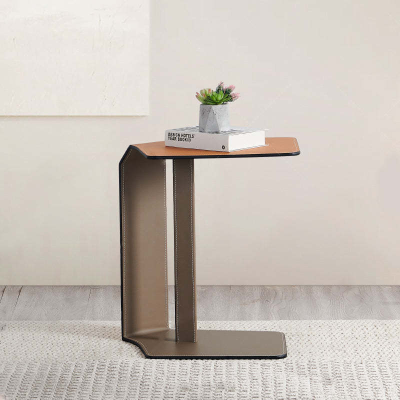 Modern Saddle Leather Steel Side Table — Gray Table Top + Orange Frame
