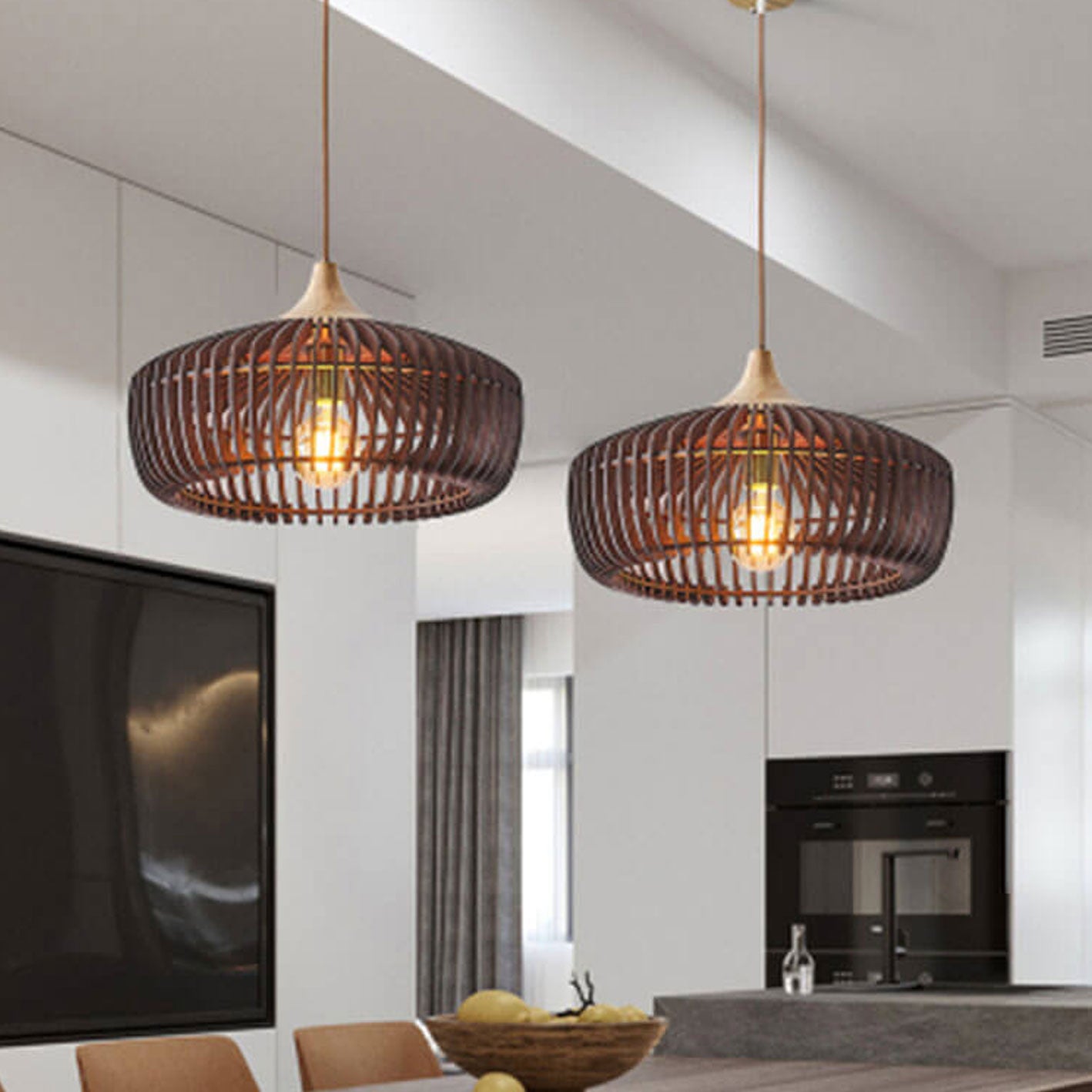 Nordic Vintage Wooden Round Dome Pendant