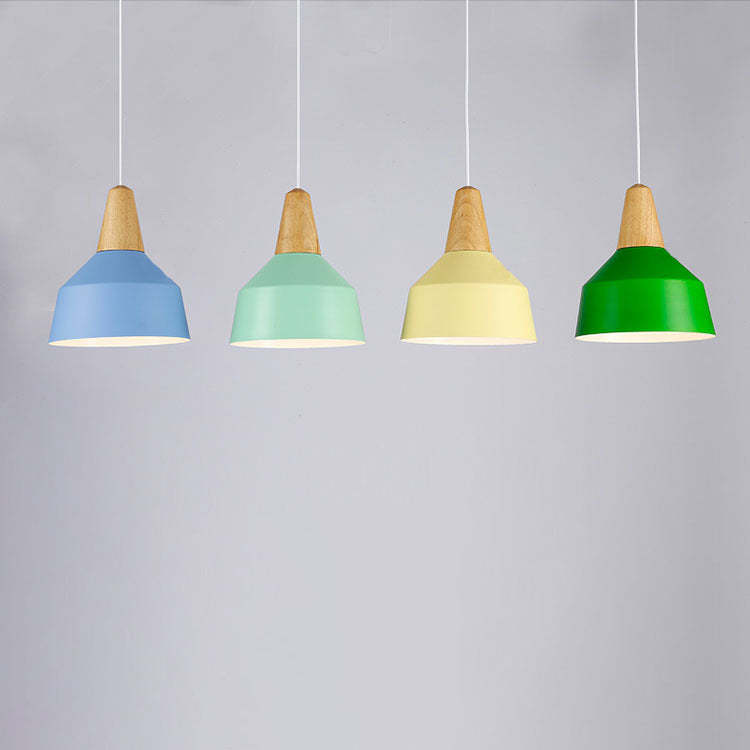 Minimalist Cone Trapezoid Iron Wood Pendant Light — Green / 110V-120V For US/CA