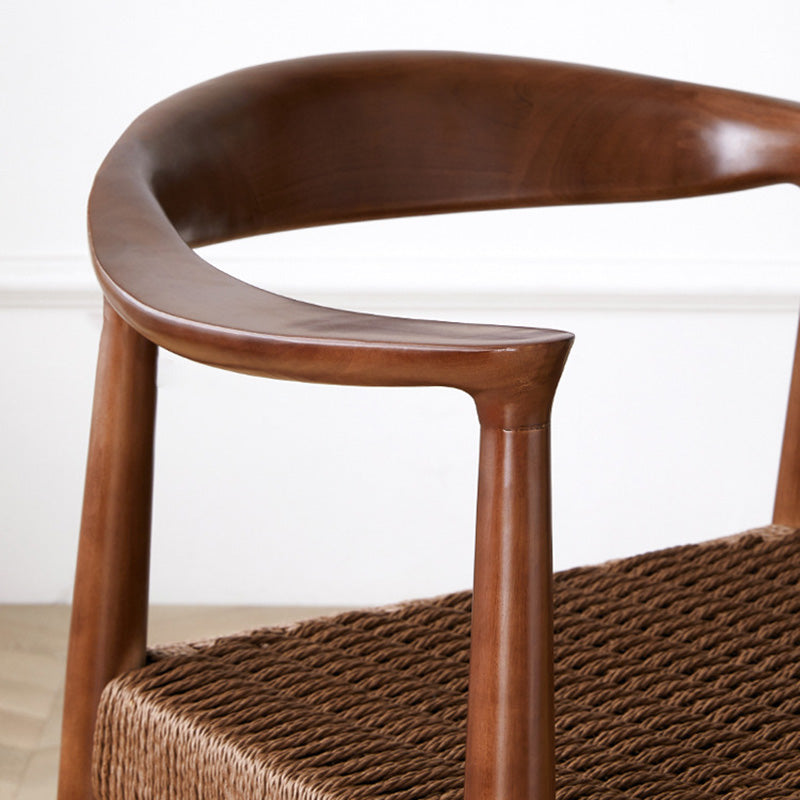 Vintage Braided Rope Wood Dining Chair — Log Color Frame + Black Leather Seat