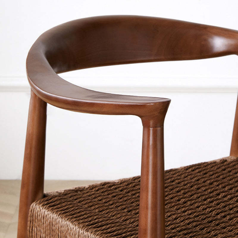 Vintage Braided Rope Wood Dining Chair — Log Color Frame + Black Leather Seat